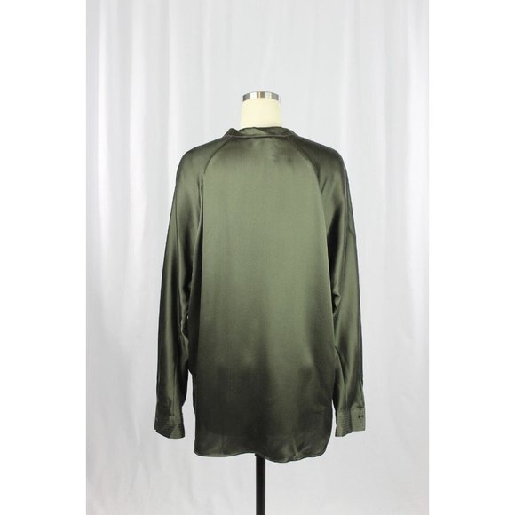 VINCE Olive Green Silk Charmeuse Split Neck Relaxed Tunic Blouse, Size S - Picture 6 of 15